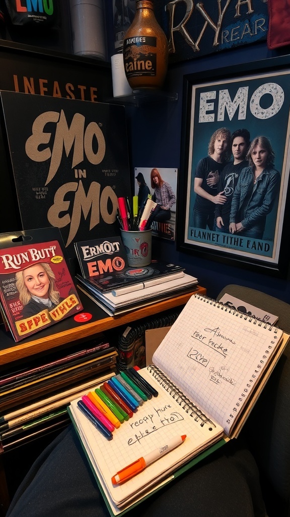 A collection of emo-inspired Christmas gifts including band merchandise and art supplies on a dark-themed background.